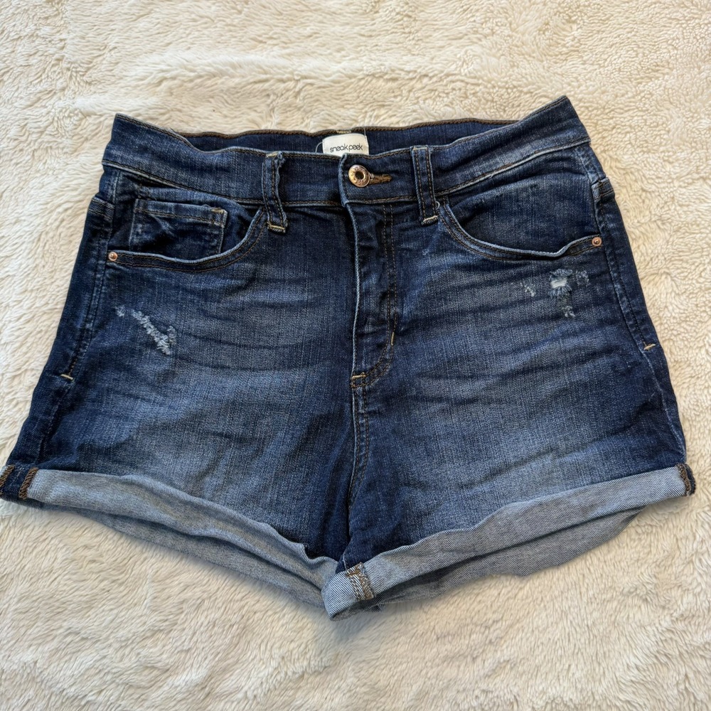 Sneak Peek Womens Denim Distressed Shorts High Rise Cuffed Size S Blue